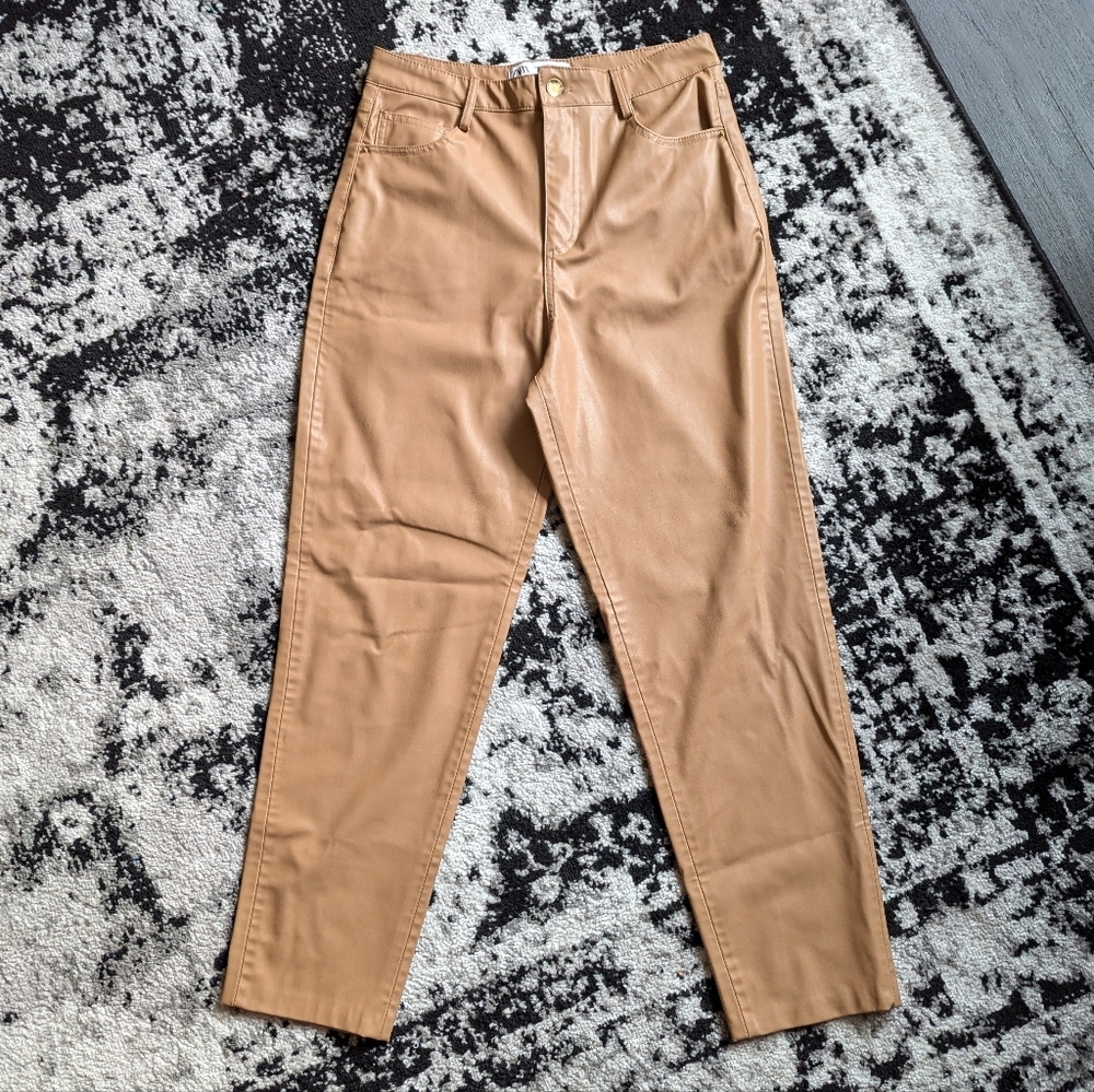 Zara Faux Leather High Rise‎ Straight Leg Pants Camel Tan Women's 28 Like New